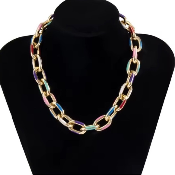 Cuban Color Block Chain Gold Link Necklace - Picture 2 of 8